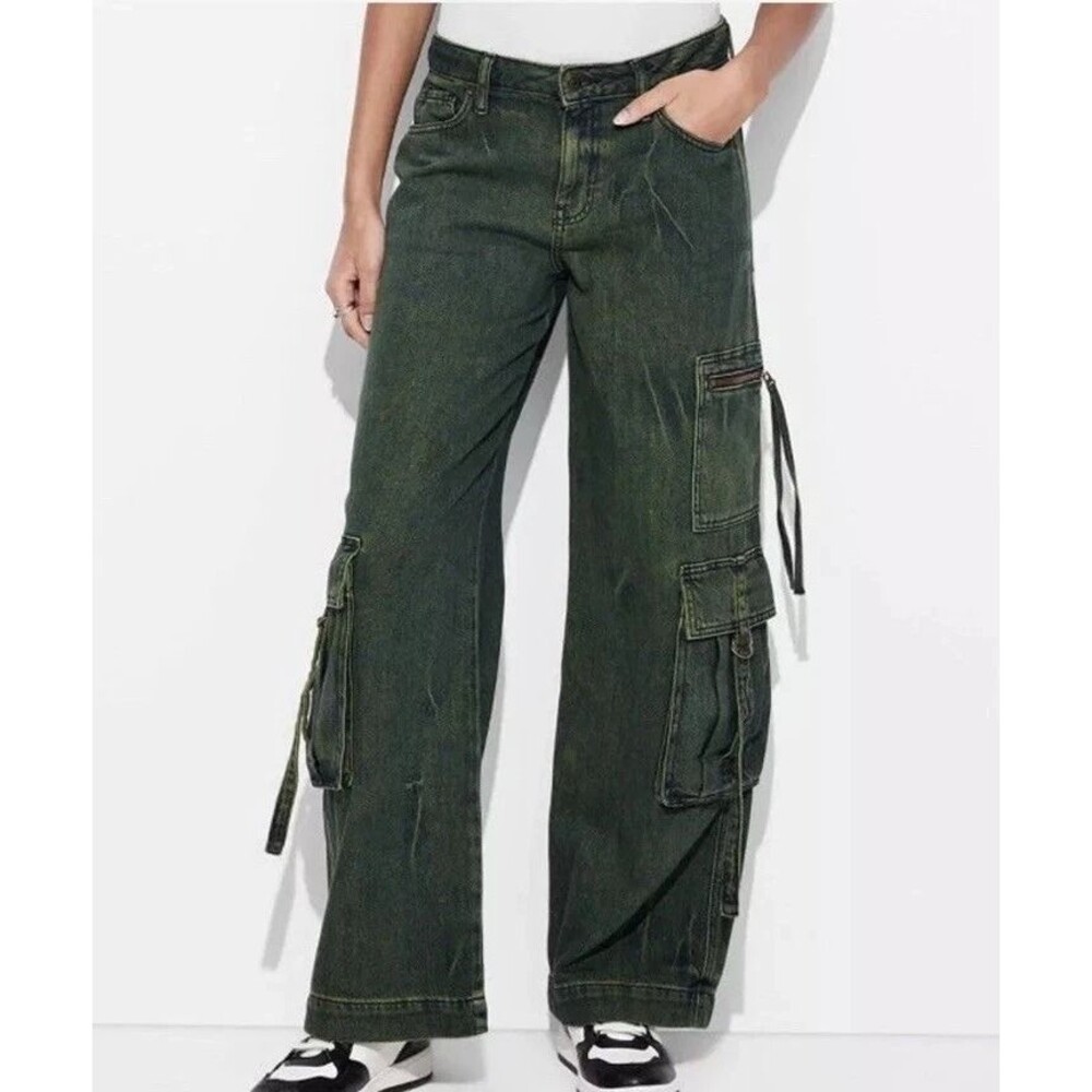Wild Fable Green Washed Denim Cargo Jeans Size 12 Mid Rise Wide Leg NWT